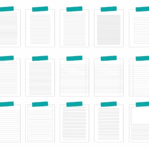 Preview image showing fifteen lined paper sheets arranged in rows, each with different line spacing and styles, displayed on a white background with small teal tape tabs at the top of each page.