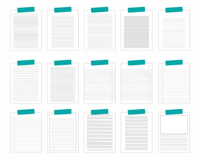 Preview image showing fifteen lined paper sheets arranged in rows, each with different line spacing and styles, displayed on a white background with small teal tape tabs at the top of each page.