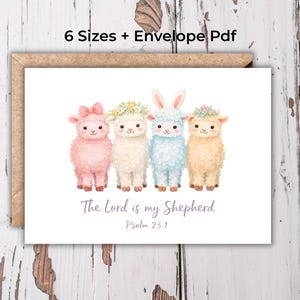 May include: Greeting card featuring four adorable cartoon sheep in pastel colors. The sheep are decorated with bows, flower crowns, and bunny ears. The text "The Lord is my Shepherd" and "Psalm 23:1" are written in a script font.