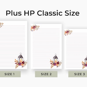 Fall stationery pages with lantern and floral design shown in three layout sizes. Lined paper displayed on white background.
