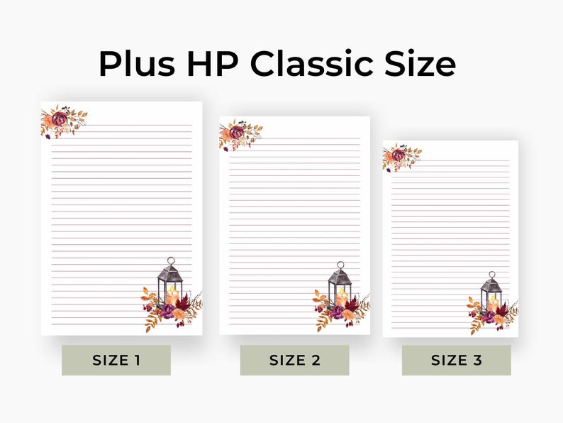 Fall stationery pages with lantern and floral design shown in three layout sizes. Lined paper displayed on white background.