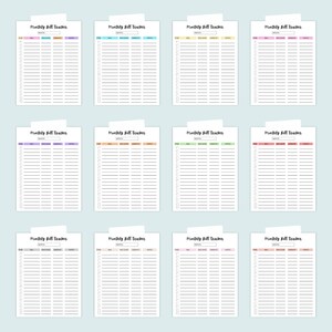 A collection of monthly bill tracker sheets arranged in a three-by-three grid, each featuring different pastel and neutral header colors on a light background.