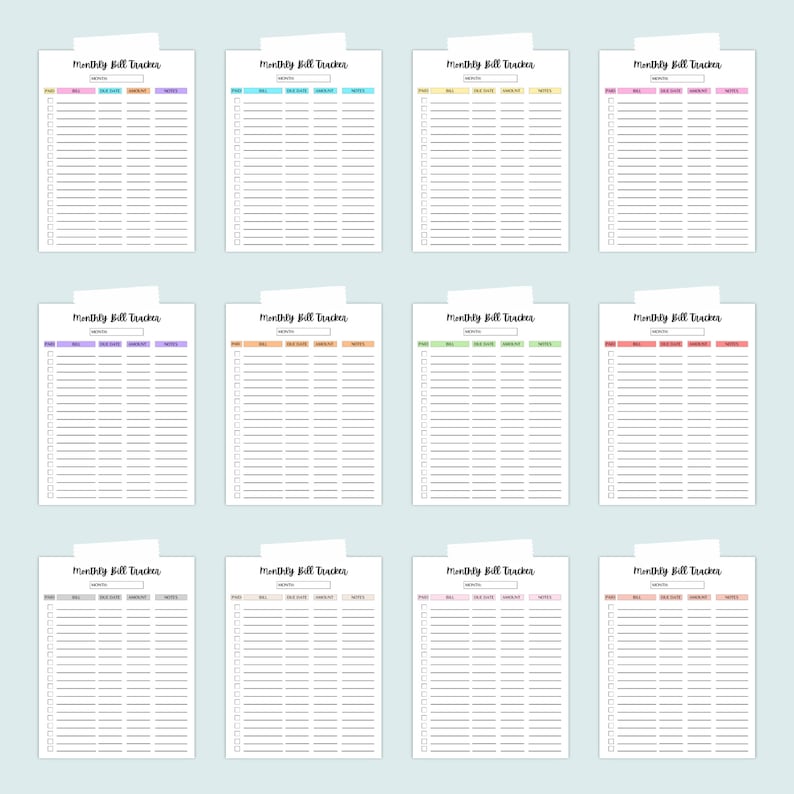 A collection of monthly bill tracker sheets arranged in a three-by-three grid, each featuring different pastel and neutral header colors on a light background.