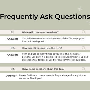 FAQ image with sage green background and beige accents. Text titled “Frequently Ask Questions” lists answers about instant digital download delivery, unlimited personal use, and contacting the seller for support. Minimal modern layout with decorative star details.