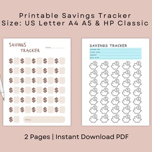 May include: Printable savings tracker with two pages. The first page has a grid of dollar signs for tracking savings. The second page has a grid of piggy banks for tracking savings. The text "SAVINGS TRACKER" is at the top of each page.