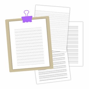 Clipboard holding a lined notebook page with several additional lined pages layered behind it on a white background.