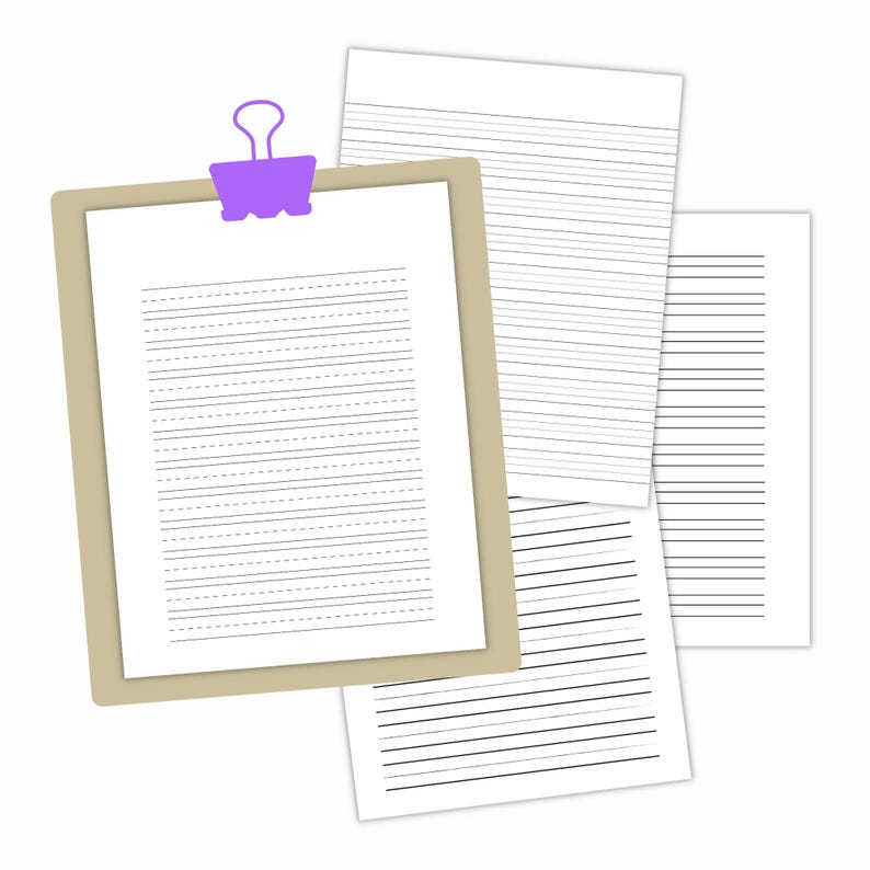 Clipboard holding a lined notebook page with several additional lined pages layered behind it on a white background.