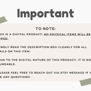 Important notice graphic stating this is a digital product, no physical item will be shipped, item is non refundable, and contact seller via Etsy messages with questions.
