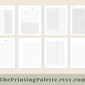 Eight lined and grid notebook page designs displayed in a two-row layout on a light beige background with ThePrintingPalette.etsy.com shown along the bottom.