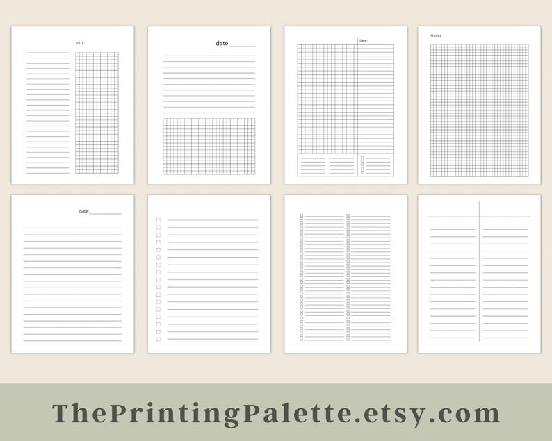Eight lined and grid notebook page designs displayed in a two-row layout on a light beige background with ThePrintingPalette.etsy.com shown along the bottom.