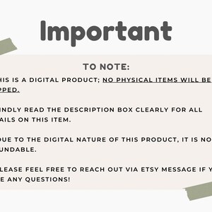 Important information graphic with beige background and sage tape accents. Text explains that this is a digital product with no physical shipping, non-refundable due to its digital nature, and encourages customers to read the description and contact the seller with questions.