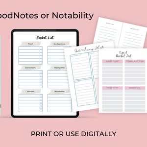 Bucket list and note pages shown on a tablet alongside matching planner pages, demonstrating digital use and home printing options.