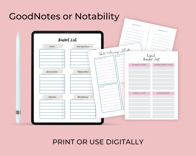 Bucket list and note pages shown on a tablet alongside matching planner pages, demonstrating digital use and home printing options.
