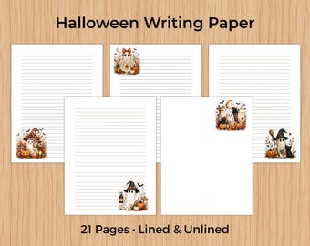 Peut inclure: Un ensemble de papier à lettres sur le thème d'Halloween comprenant 21 pages lignées et non lignées. Chaque page présente des illustrations à l'aquarelle de fantômes, de citrouilles et de feuillage d'automne. Le texte Halloween Writing Paper et 21 Pages Lined & Unlined est visible.