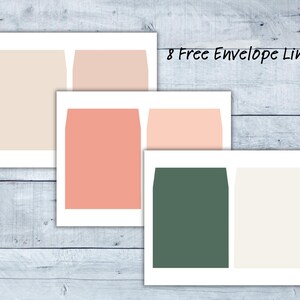 Square envelope liner designs shown in soft neutral and blush tones, displayed as flat paper inserts on a rustic wood background.