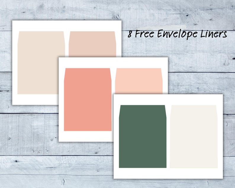 Square envelope liner designs shown in soft neutral and blush tones, displayed as flat paper inserts on a rustic wood background.