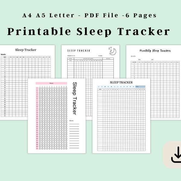 Sleep Tracker Printable, Sleep Tracker Journal, Monthly Sleep Tracker Template, Sleep Tracker Diary Sheet, A4 A5 Letter, Instant Download