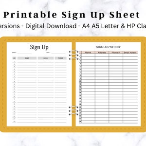 Sign Up Sheet Digital, Sign Up Sheet Template, Sign Up Sheet Printable Form, Event Sign Up, Sign Up List, Letter A4 A5, Instant Download PDF