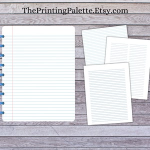 Lined paper sheets displayed on a rustic wood background, with one sheet shown in a spiral-bound notebook and additional loose sheets placed beside it.