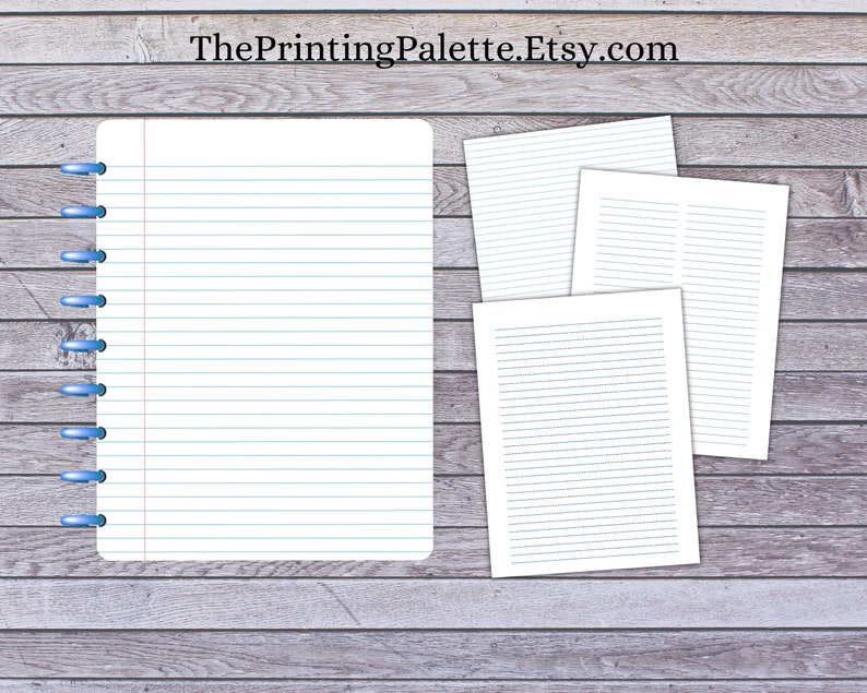 Lined paper sheets displayed on a rustic wood background, with one sheet shown in a spiral-bound notebook and additional loose sheets placed beside it.