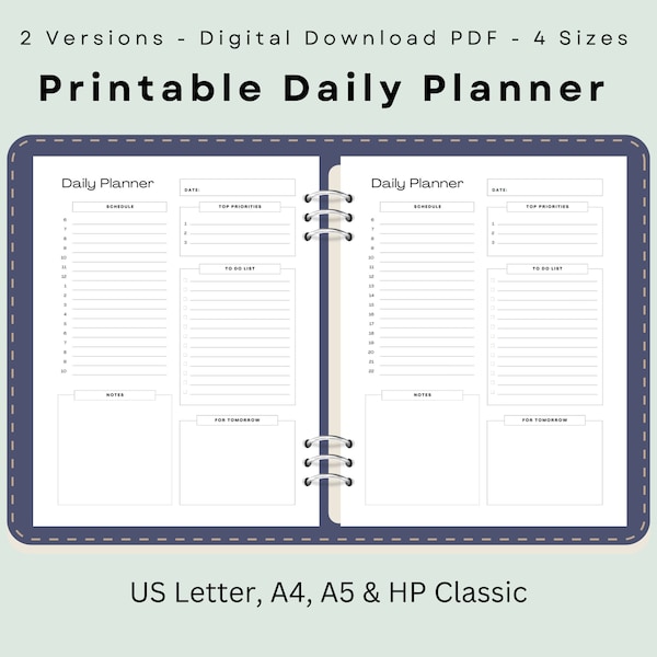 Daily Planner Digital, Daily Planner Printable, Daily Schedule Template, Daily To Do List, Military Time, Letter A4 A5, Instant Download PDF