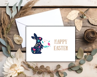 Printable Easter Floral Card, Bunny Easter Greeting Cards, Digital Happy Easter Card, Easter Cards, Easter Card Template, Instant Download