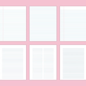 Six lined paper page designs arranged in two rows on a soft pink background, showing different line spacing and margin styles.