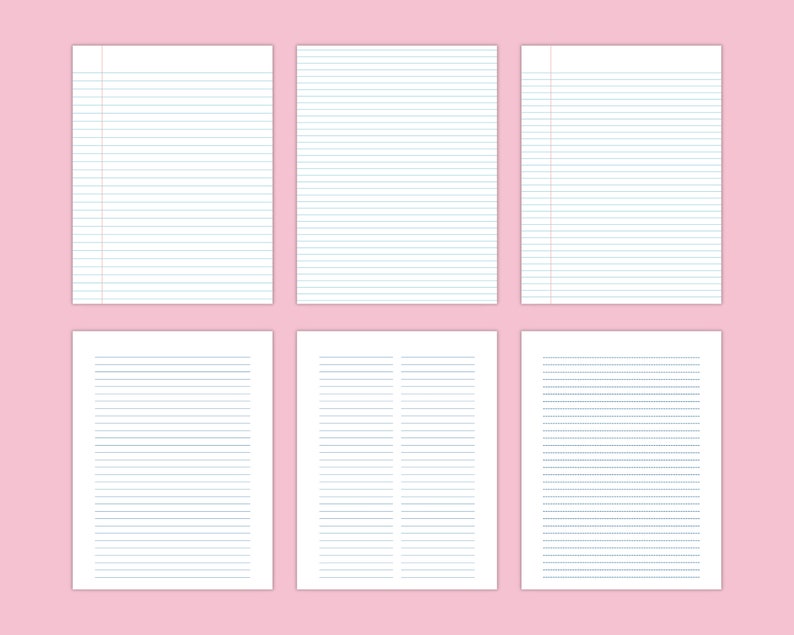 Six lined paper page designs arranged in two rows on a soft pink background, showing different line spacing and margin styles.