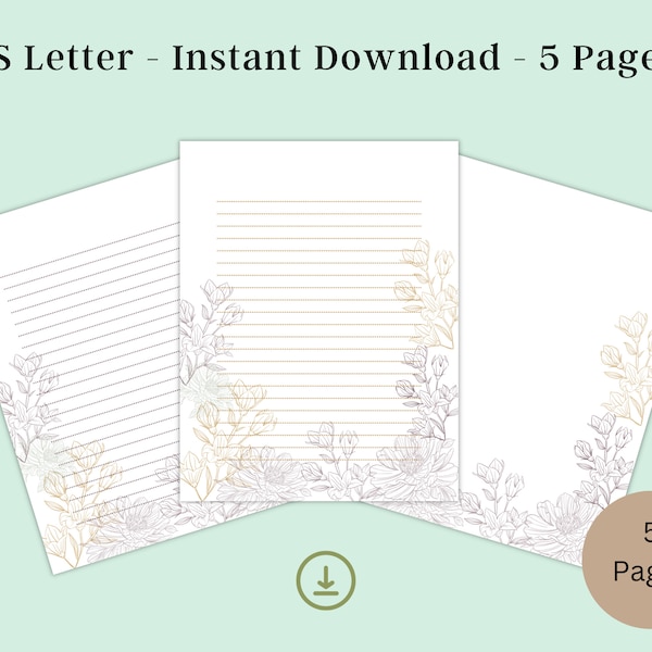 Stationery Paper Floral Printable, Stationary Writing Paper Set Pages, Letter Writing Sheet, Printable Lined Paper, Instant Download PDF