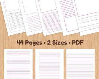 Pink Lined Writing Paper, College & Wide Ruled Paper Set Printable, US Letter A4