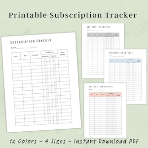 Puede incluir: Plantilla de seguimiento de suscripciones imprimible con un diseño en blanco y negro. El rastreador tiene columnas para la fecha, la factura, el importe, la frecuencia y la renovación automática. La columna de frecuencia tiene casillas de verificación para mensual y anual. El rastreador está disponible en 12 colores y 4 tamaños.