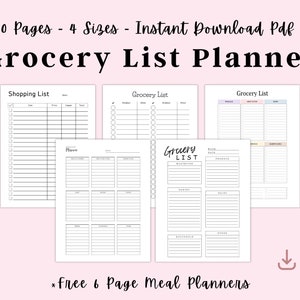 Grocery List Printable PDF, Shopping List Bundle with Meal Planner, Grocery Tracker for Food Prep, Instant Download, 10 Pages 4 Sizes