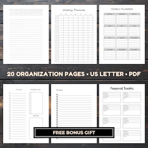 Six monochrome planner pages arranged in two rows on a dark wood background, showing a dated monthly list, a weekly grid, a yearly planner, a to-do layout, a lined notes page, and a password tracker.