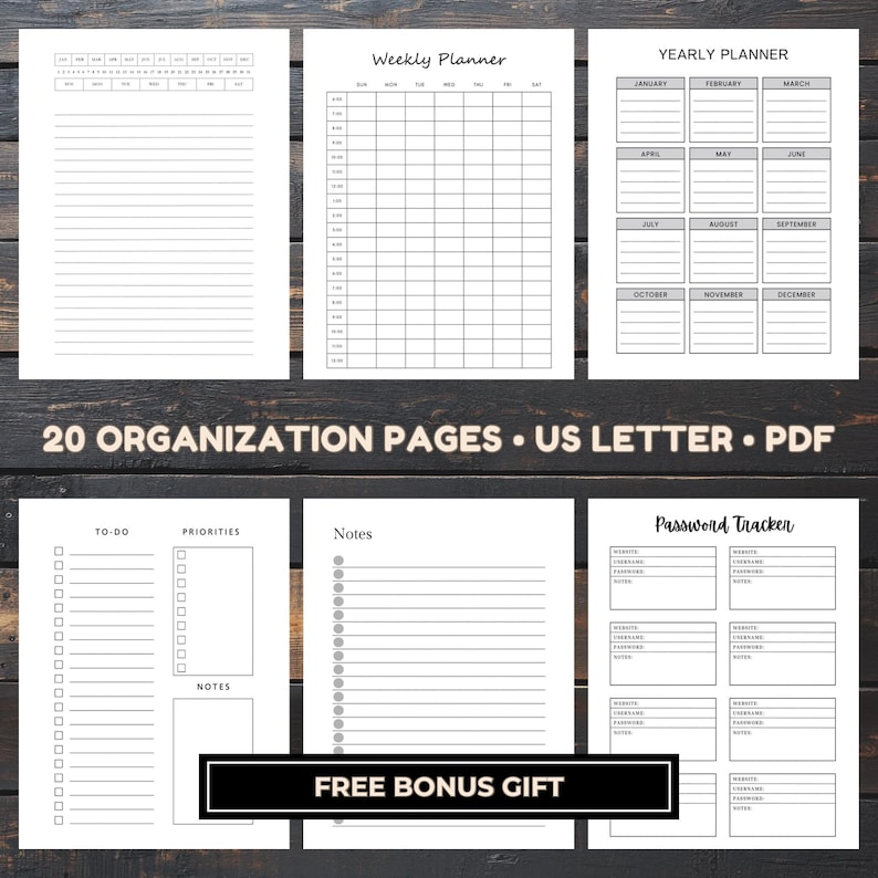 Six monochrome planner pages arranged in two rows on a dark wood background, showing a dated monthly list, a weekly grid, a yearly planner, a to-do layout, a lined notes page, and a password tracker.