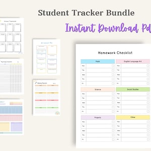 Preview image showing multiple colorful planner-style pages arranged together, including checklist layouts, lined note pages, and weekly and monthly grid-style layouts.
