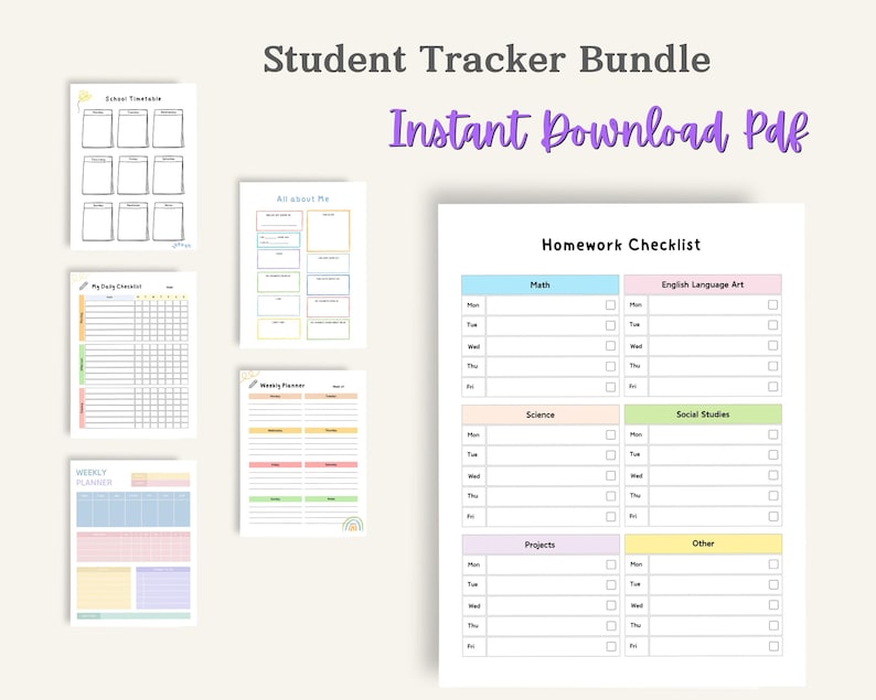 Preview image showing multiple colorful planner-style pages arranged together, including checklist layouts, lined note pages, and weekly and monthly grid-style layouts.