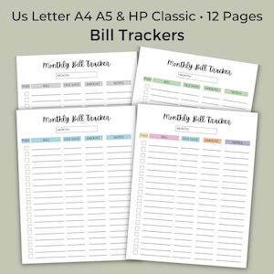 Seguimiento de facturas mensuales con notas, planificador de presupuesto, PDF digital, tamaño carta (EE. UU.) A4 A5 HP Classic