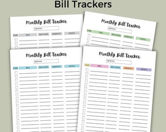 Monthly Bill Tracker with Notes, Budget Planner, Digital PDF, US Letter A4 A5 HP Classic