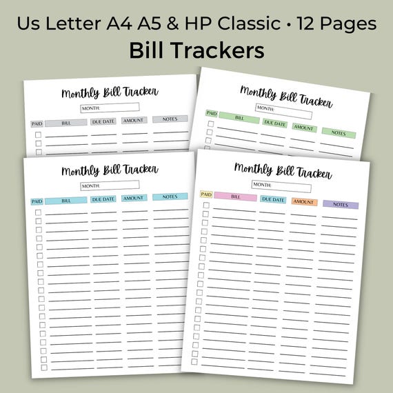 Monthly Bill Tracker with Notes, Budget Planner, Digital PDF, US Letter A4 A5 HP Classic