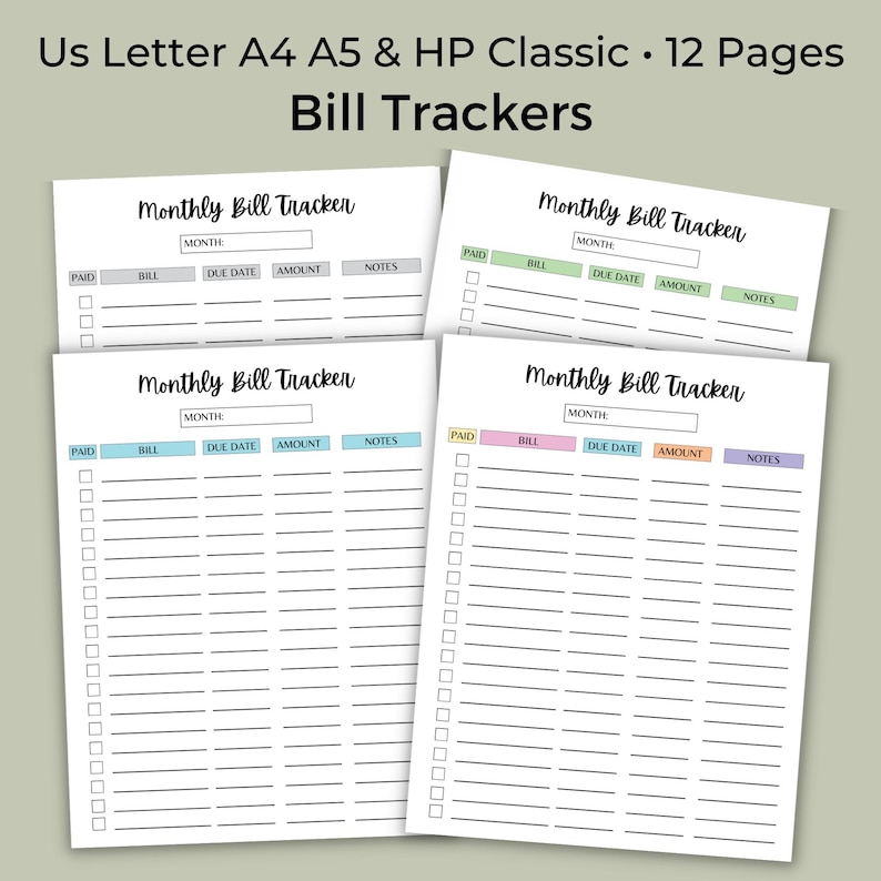 Four monthly bill tracker page designs with different colored header sections displayed on a soft green background.