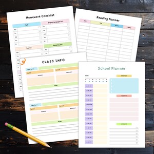 Four planning pages arranged on a dark wood desk with a pencil, showing a homework checklist, a reading planner, a class information page, and a daily schedule layout in soft pastel colors.