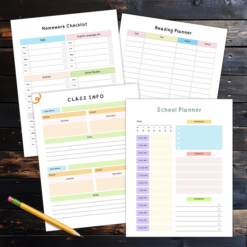 Four planning pages arranged on a dark wood desk with a pencil, showing a homework checklist, a reading planner, a class information page, and a daily schedule layout in soft pastel colors.