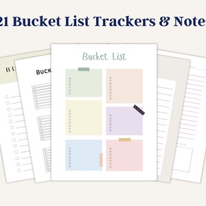 Several bucket list planner pages layered together showing checklist layouts and colorful note sections on a light neutral background.