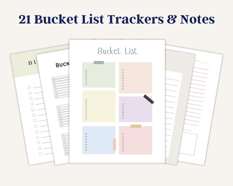 Several bucket list planner pages layered together showing checklist layouts and colorful note sections on a light neutral background.