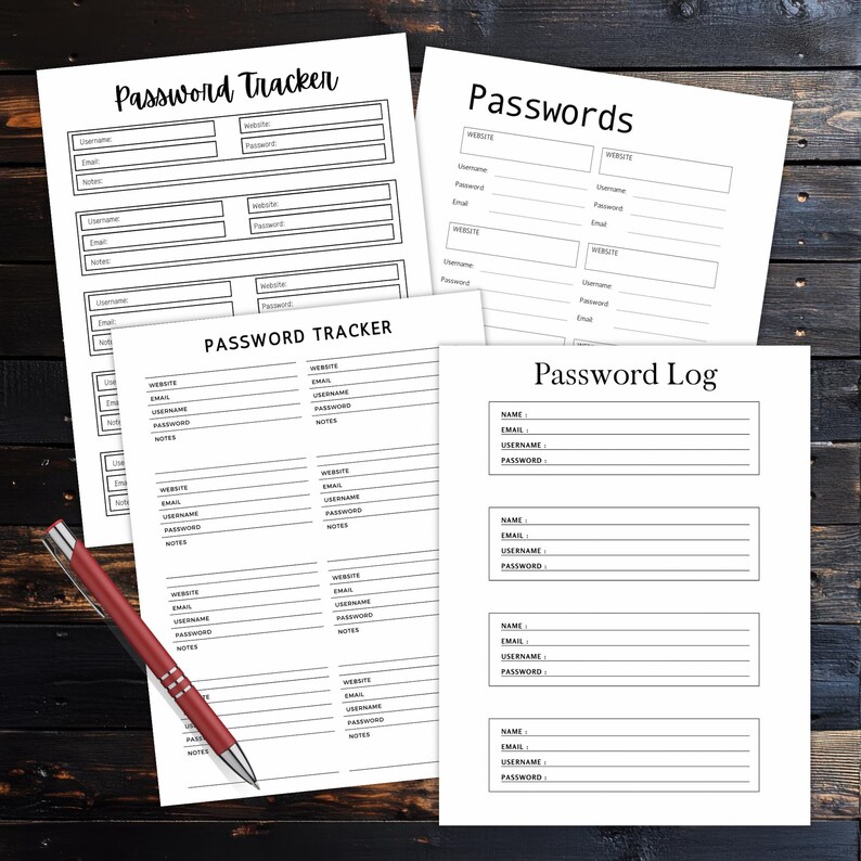Four black and white password organizer pages labeled Password Tracker, Passwords, Password Log, and Password Tracker arranged on a dark wooden surface with a red pen.