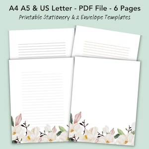 Papel de carta con flores blancas para imprimir, papel de carta para escribir, plantilla de papel de carta, papel rayado digital, descarga instantánea