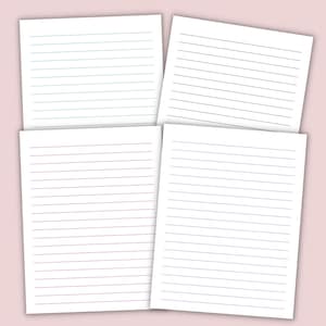Four lined paper sheets with black, purple, teal, and blue rule lines on white pages, arranged on a light pink background.