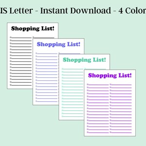 Può includere: Quattro modelli di lista della spesa stampabili in formato US Letter. I modelli sono in nero, blu, verde e viola.