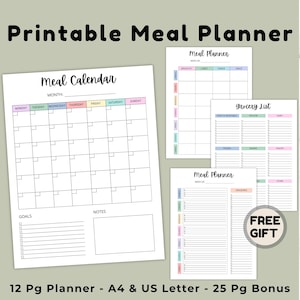 Maaltijdplanner en -tracker, wekelijkse maandelijkse maaltijdplanning met inventaris, digitale pdf, US Letter A4