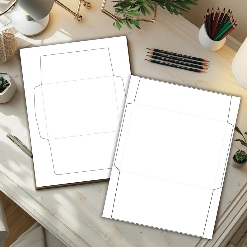 Two envelope template sheets displayed on a desk with pencils, plants, and warm lighting, each showing a flat cut-and-fold outline with dotted fold lines.